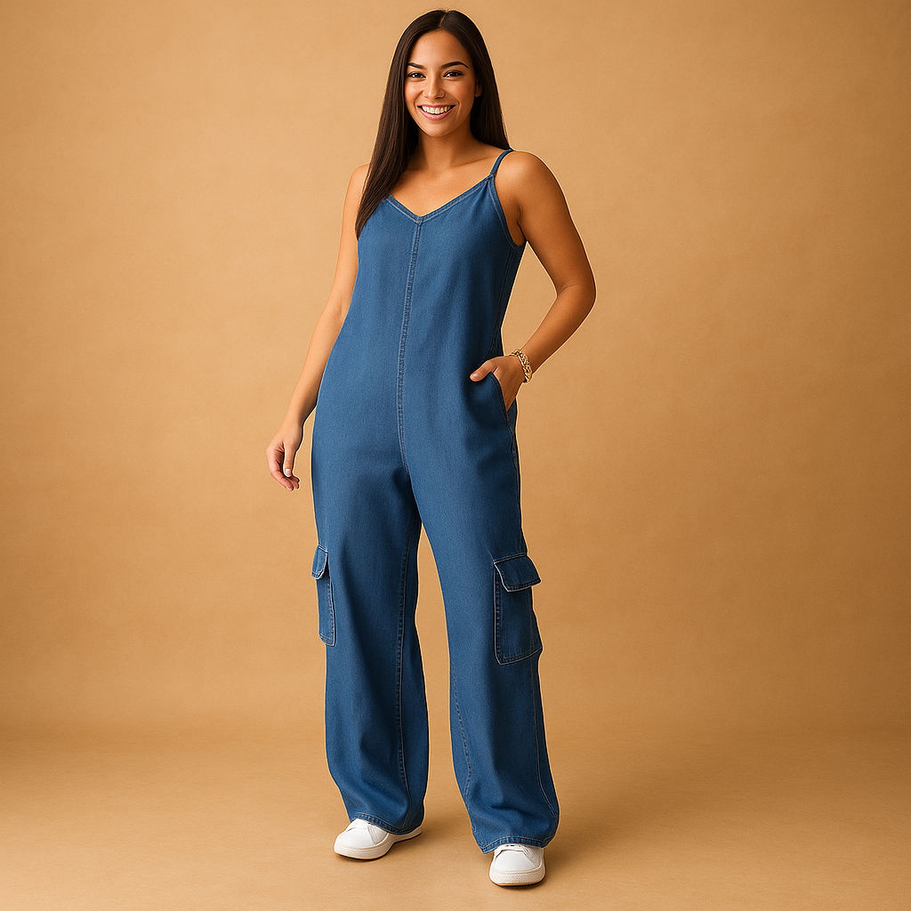 Denim V-neck jumpsuit for women | Sienna