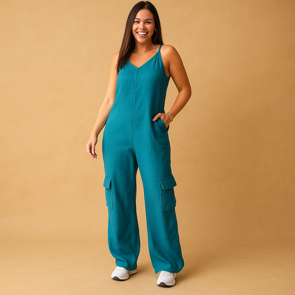 Denim V-neck jumpsuit for women | Sienna