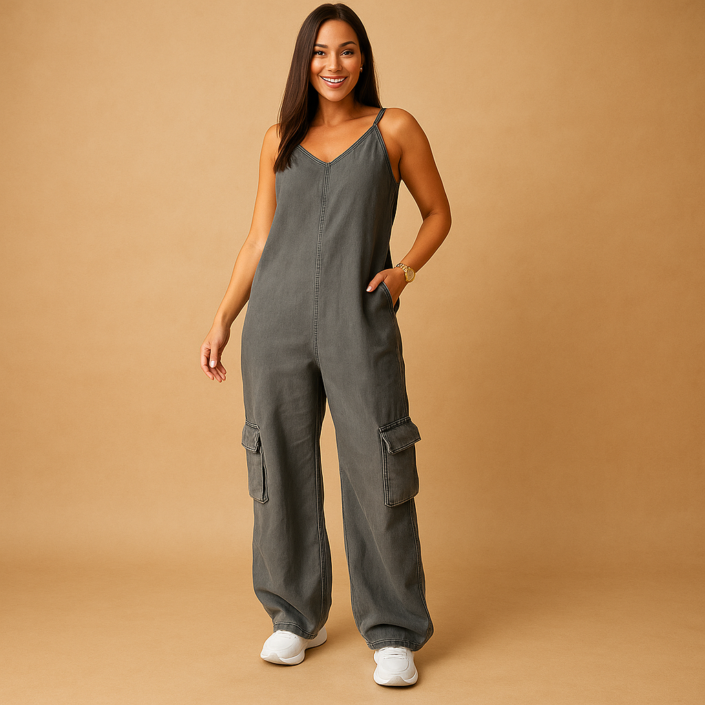 Denim V-neck jumpsuit for women | Sienna