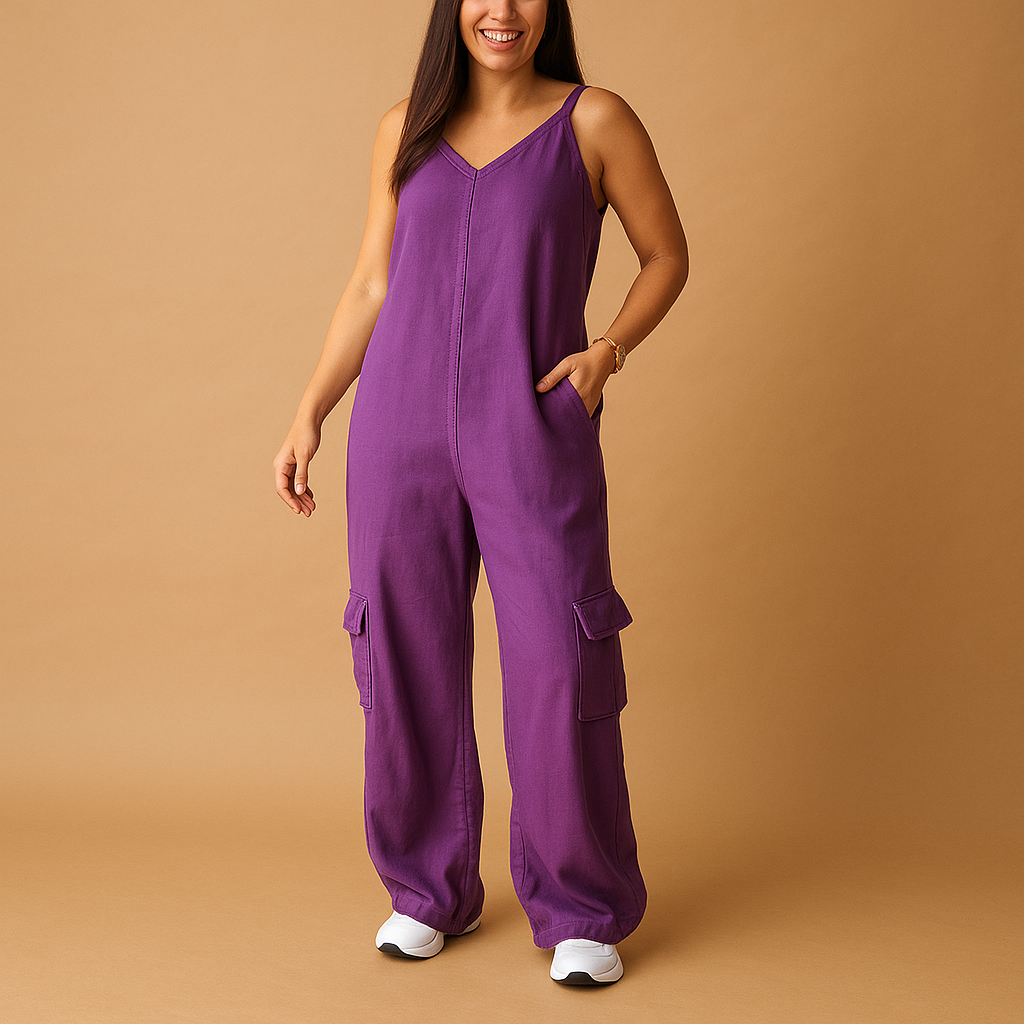 Denim V-neck jumpsuit for women | Sienna