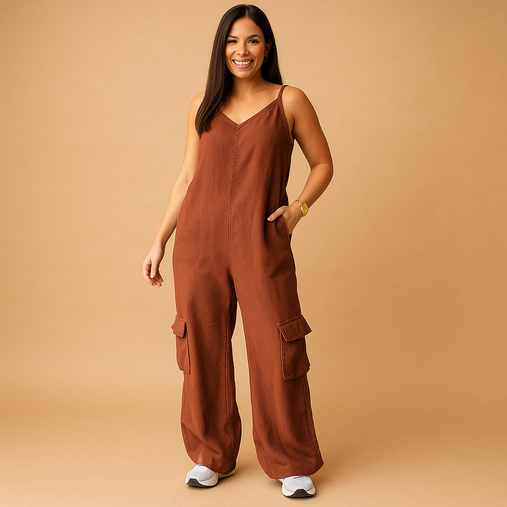 Denim V-neck jumpsuit for women | Sienna