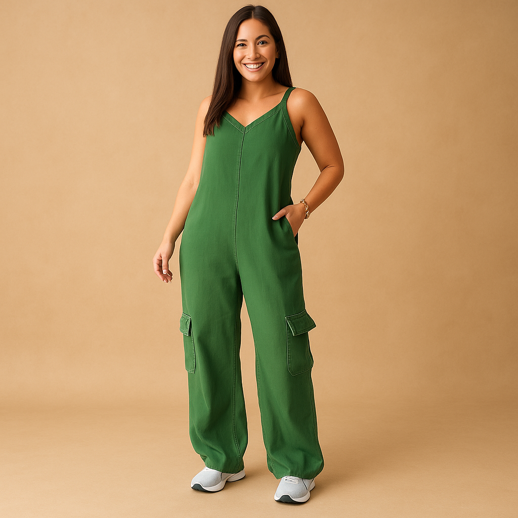 Denim V-neck jumpsuit for women | Sienna