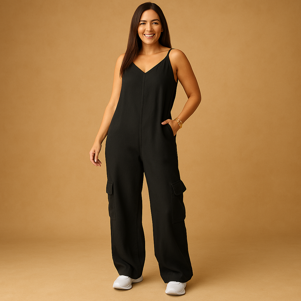 Denim V-neck jumpsuit for women | Sienna