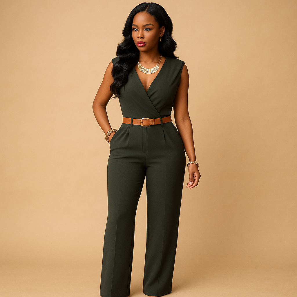 Elegant deep V-neck jumpsuit for women | Maureen