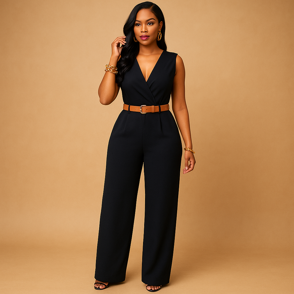 Elegant deep V-neck jumpsuit for women | Maureen
