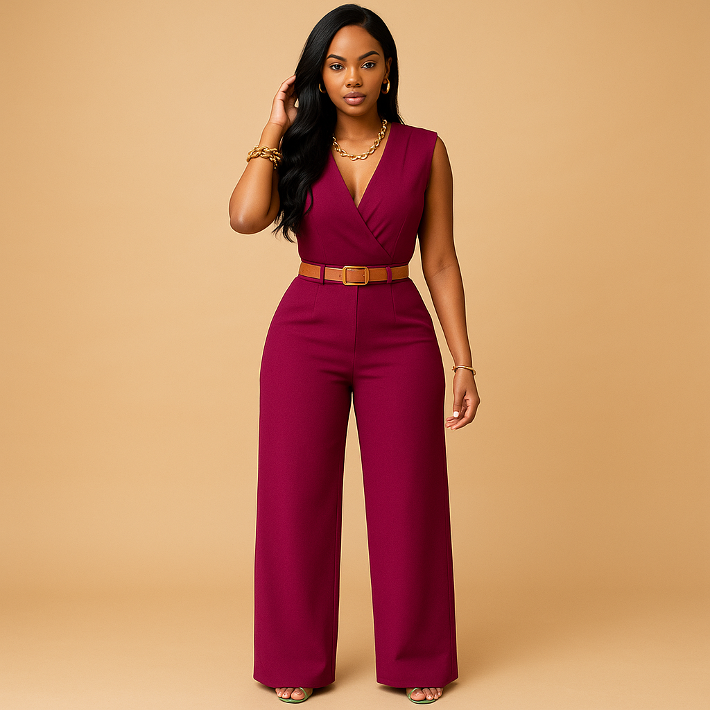 Elegant deep V-neck jumpsuit for women | Maureen