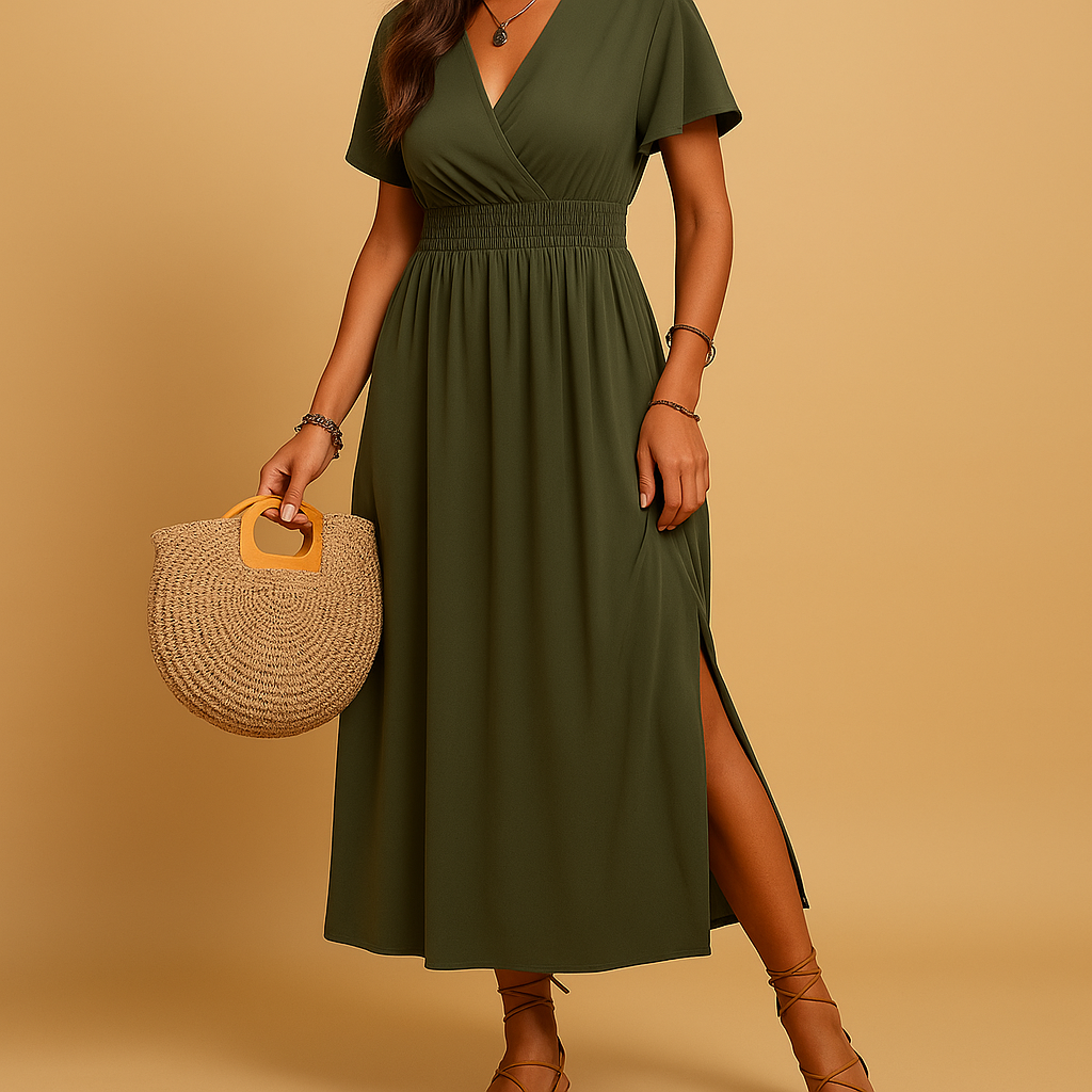 Elegant midi dress with V-neck for women | Sophia