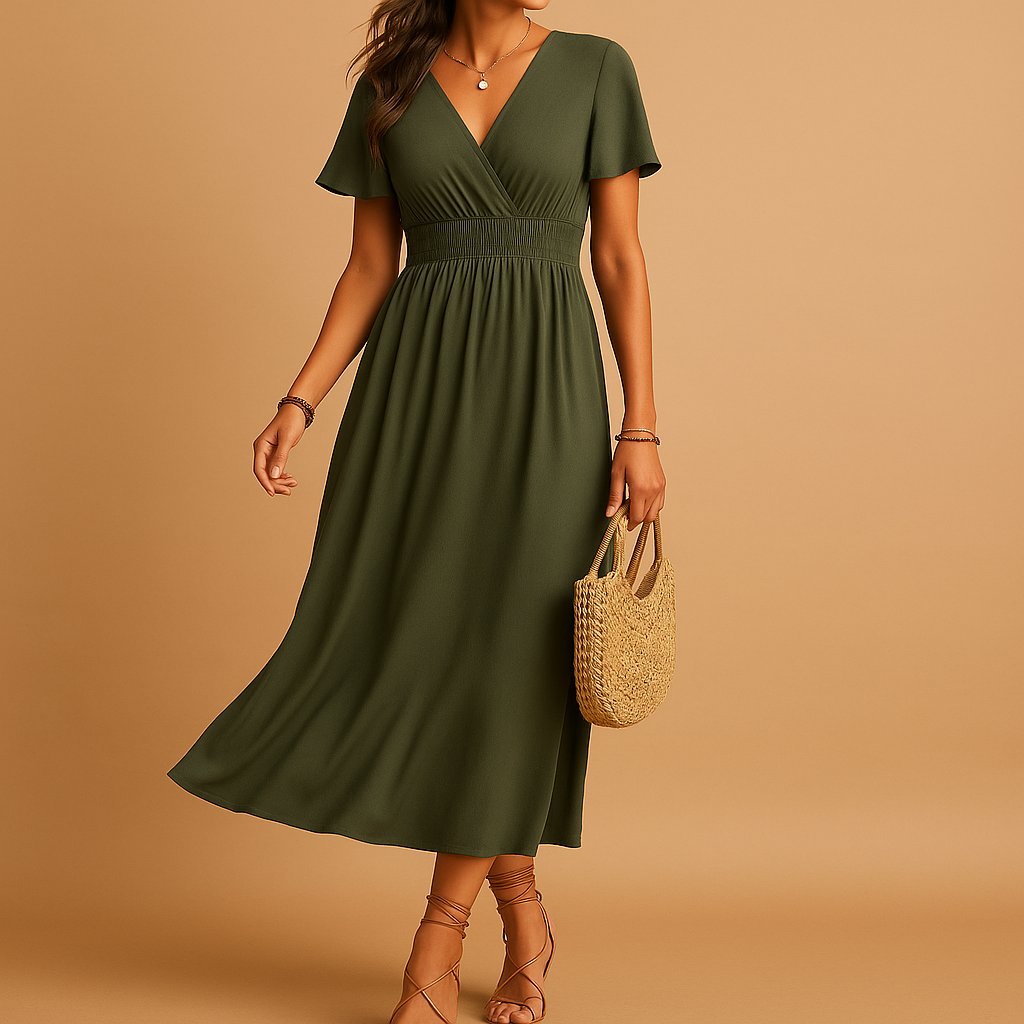 Elegant midi dress with V-neck for women | Sophia