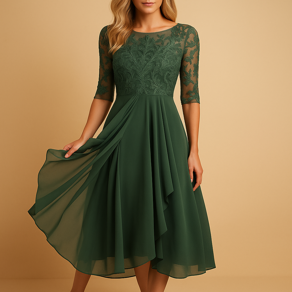 Lace top midi dress with asymmetrical skirt for women | Serena