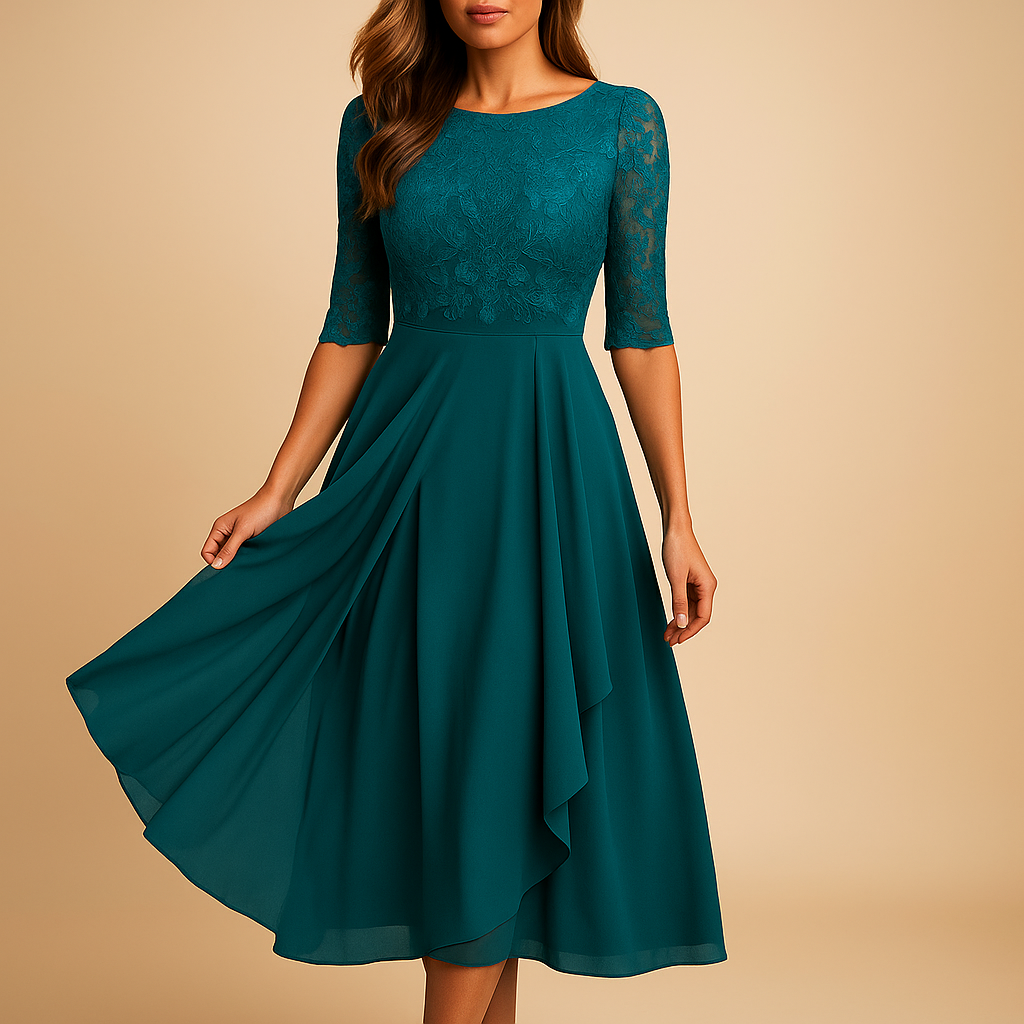 Lace top midi dress with asymmetrical skirt for women | Serena