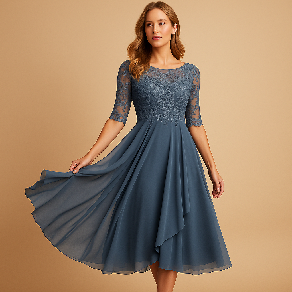 Lace top midi dress with asymmetrical skirt for women | Serena