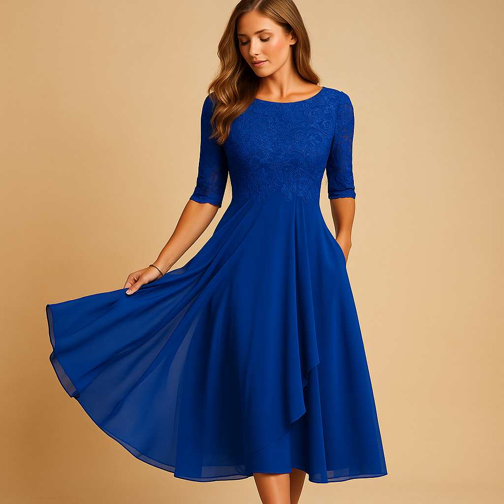 Lace top midi dress with asymmetrical skirt for women | Serena