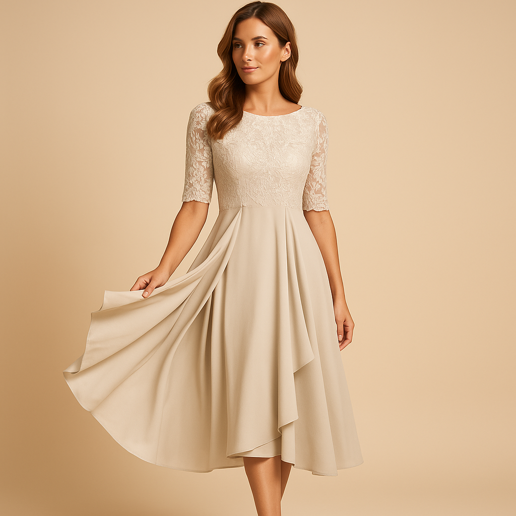 Lace top midi dress with asymmetrical skirt for women | Serena