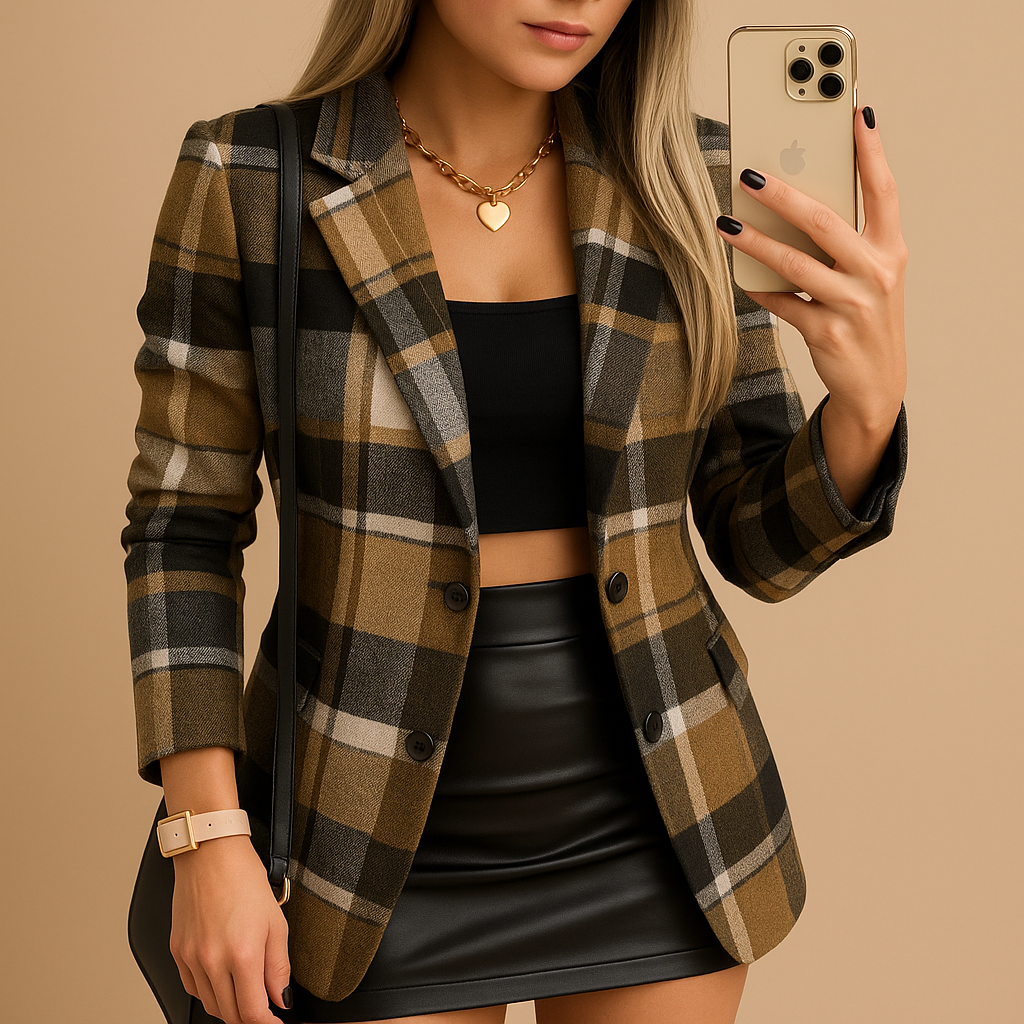 Long quilted checkered blazer for women | Naomi