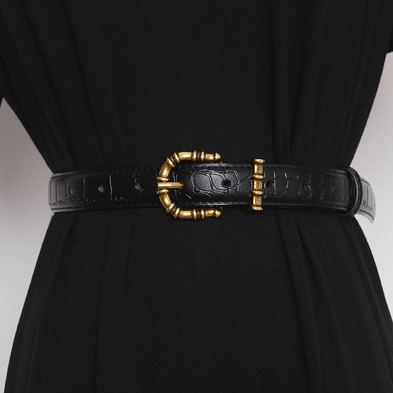 Luxury Croc-Texture Leather Belt with Gold Bamboo Buckle