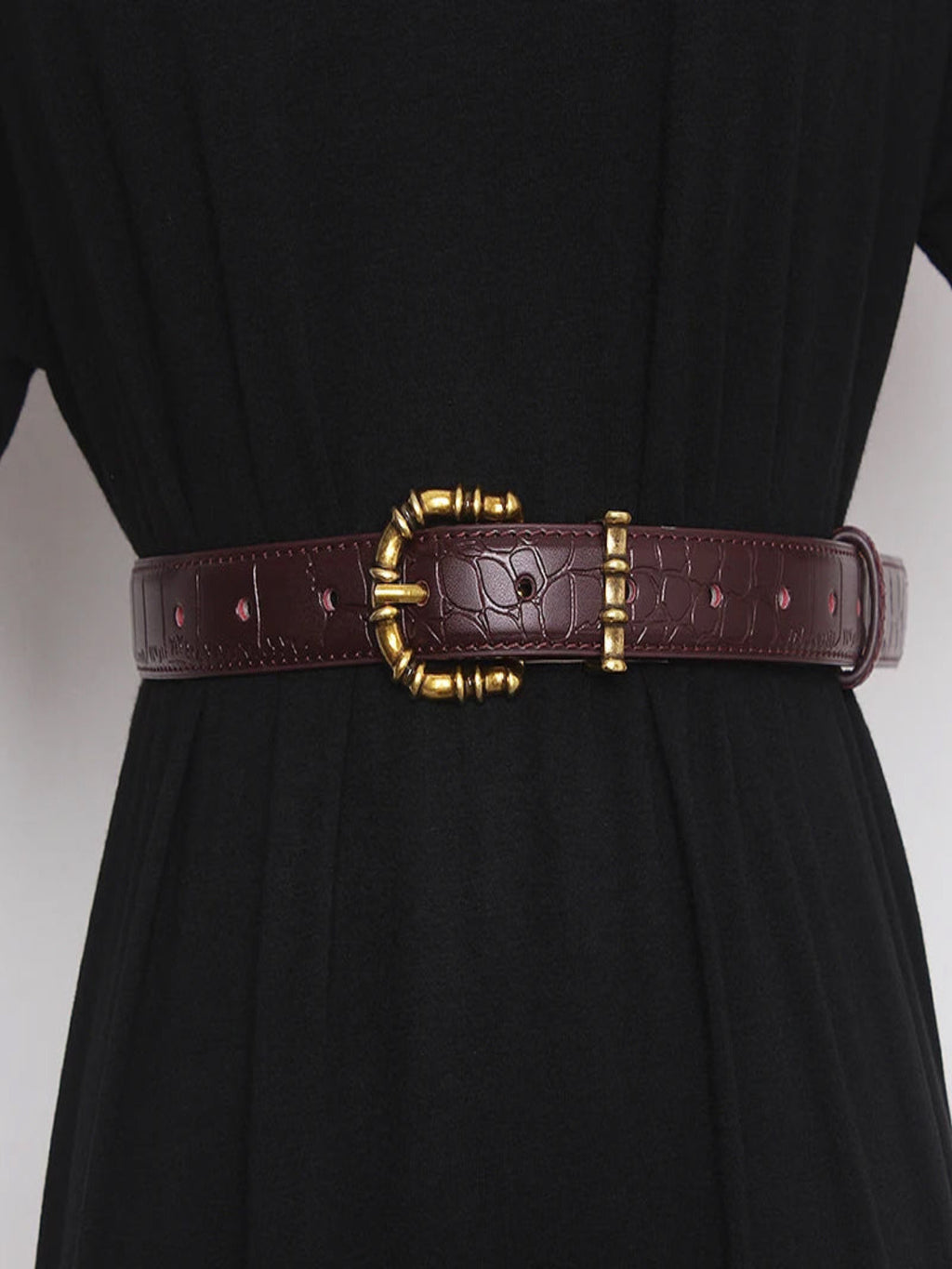 Luxury Croc-Texture Leather Belt with Gold Bamboo Buckle