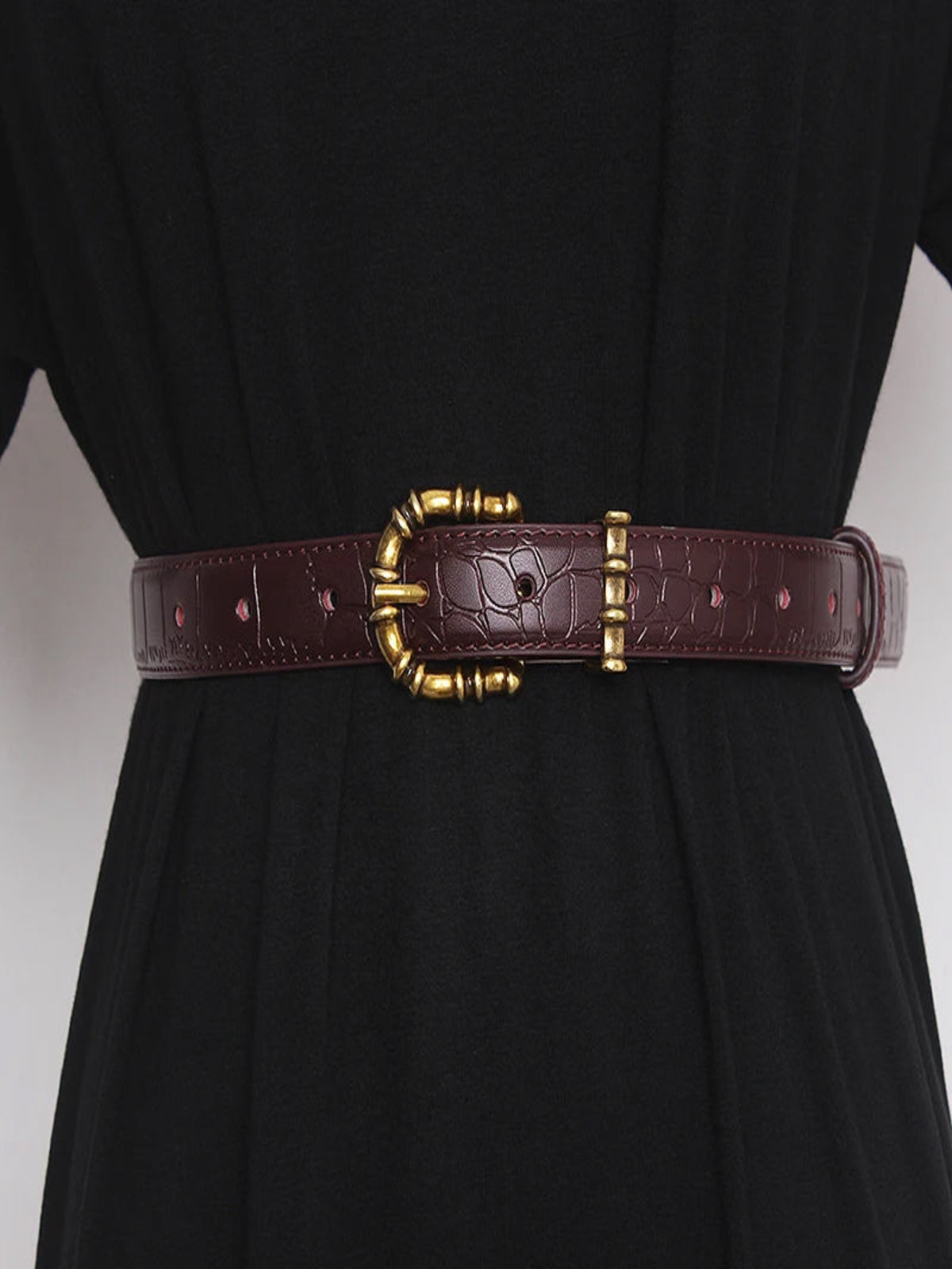 Luxury Croc-Texture Leather Belt with Gold Bamboo Buckle