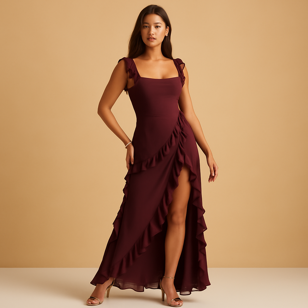 Maxi dress with adjustable straps and ruffles for women | Isabella