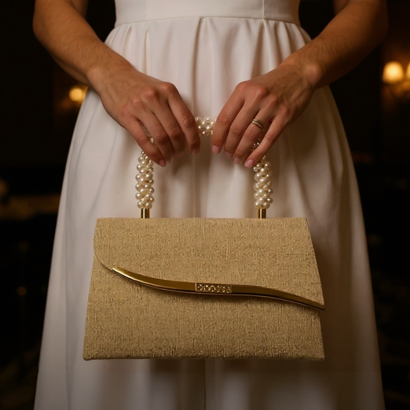 Pearl Handle Evening Clutch – Shimmer Textured Formal Occasion Bag