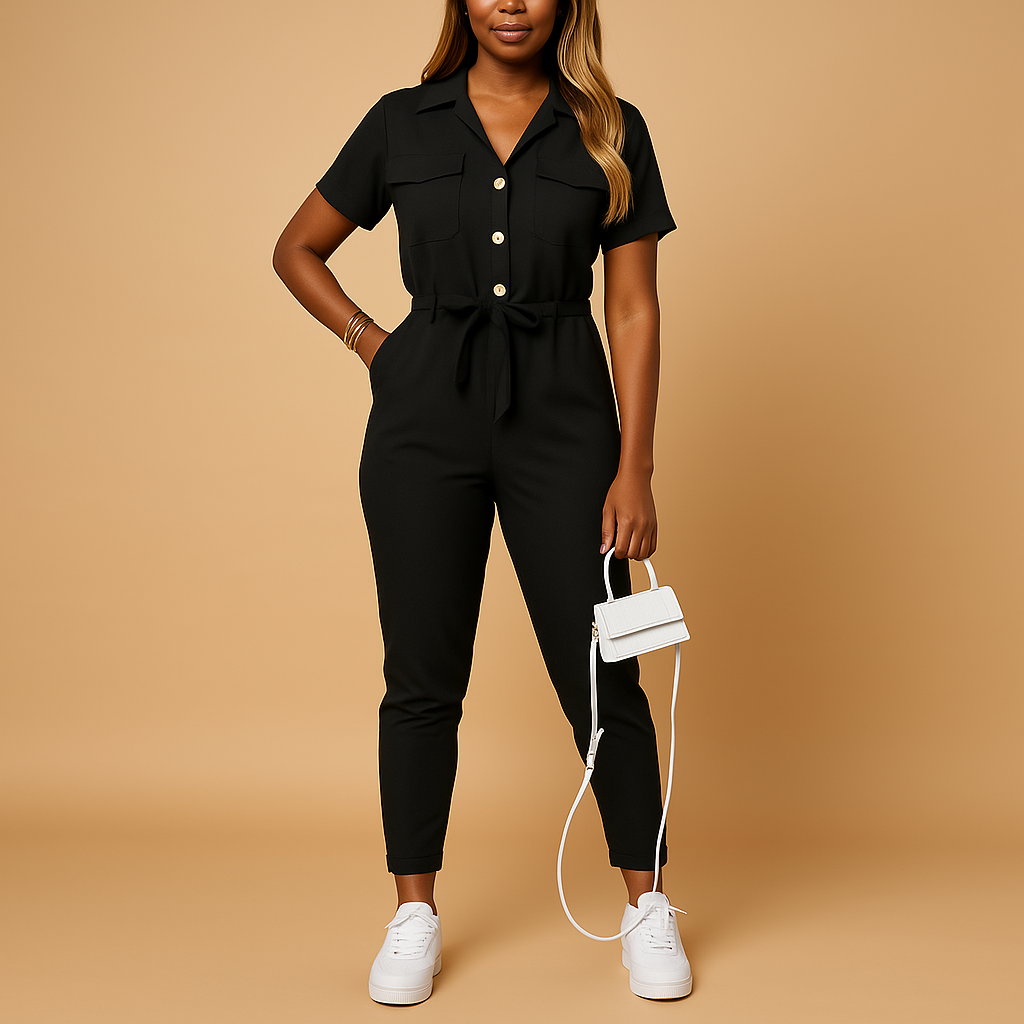 Tailored one-piece jumpsuit with button detail for women | Elina