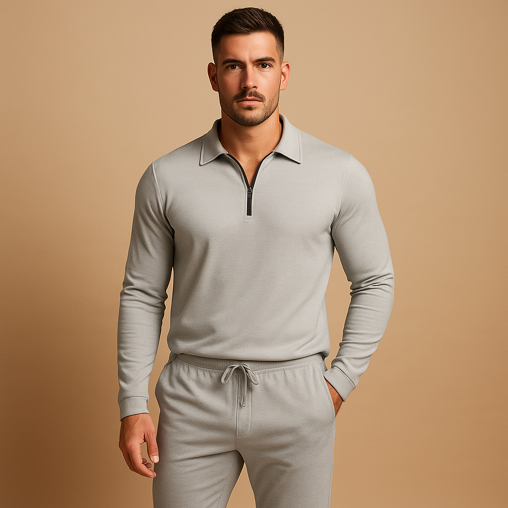 Zipper polo top and tapered jogger set for men | Adrian